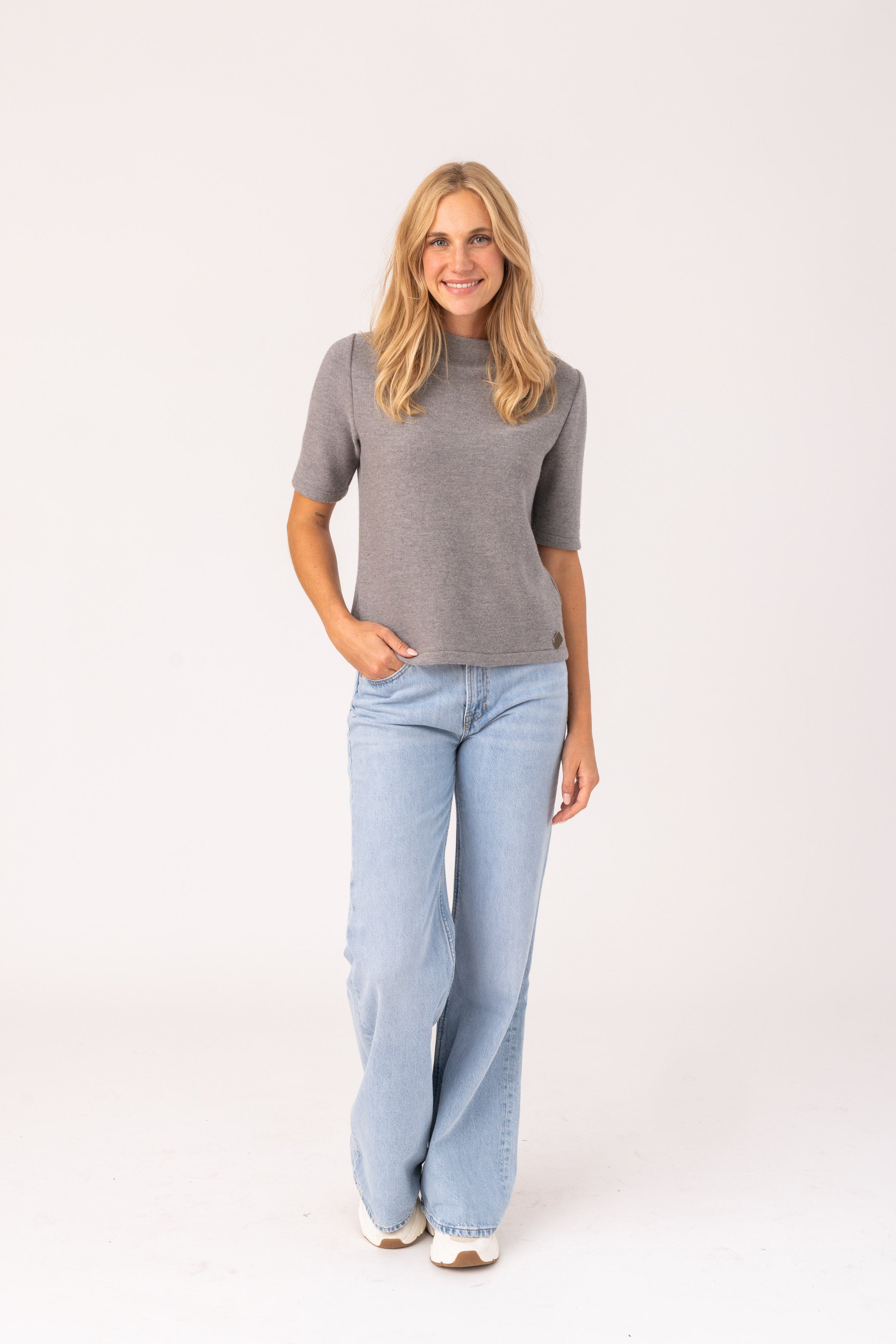 Womens Knit Shirt Ninetta - 50% virgin wool & 50% cotton , naturally sustainable, Comfy Knit Shirt - Grey - 51764501-816